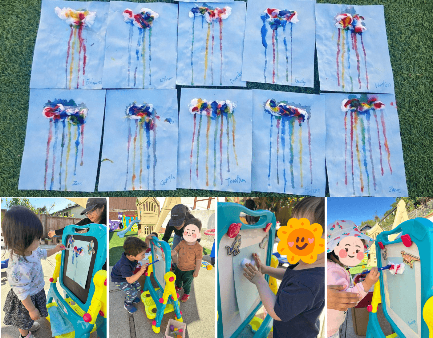 Children creating rainbow raindrops with cotton clouds and droppers