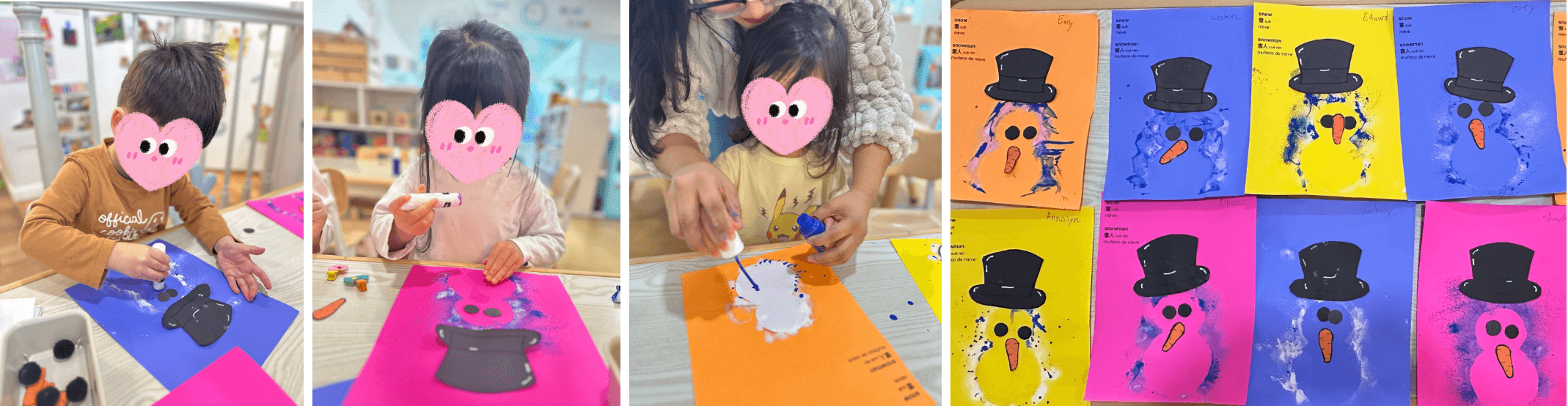 Children creating snowman art while learning vocabulary